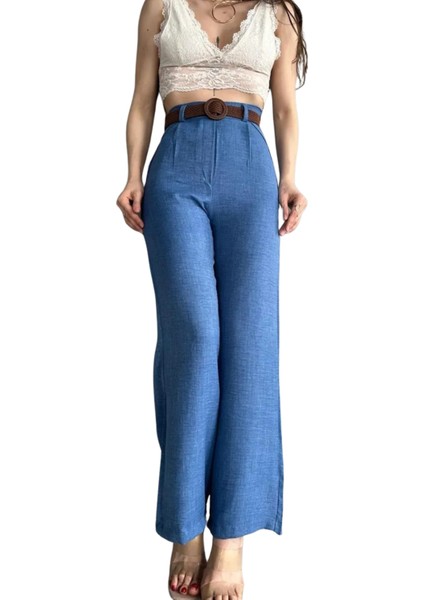 Kemerli Keten Pantolon -Mavi̇