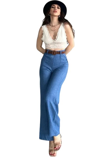 Kemerli Keten Pantolon -Mavi̇ fiyatları