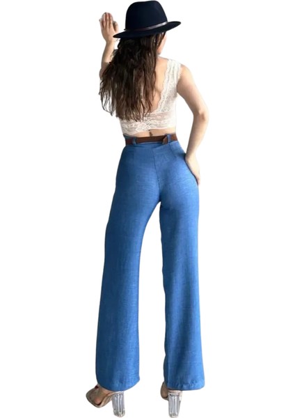 Kemerli Keten Pantolon -Mavi̇ modelleri