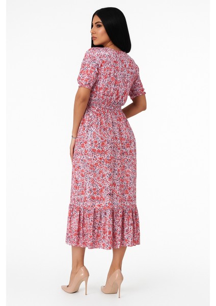 Çiçek Desenli Yırtmaçlı Elbise - Pembe modelleri