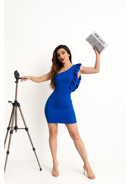 Volanlı Gece Elbisesi - Mavi̇