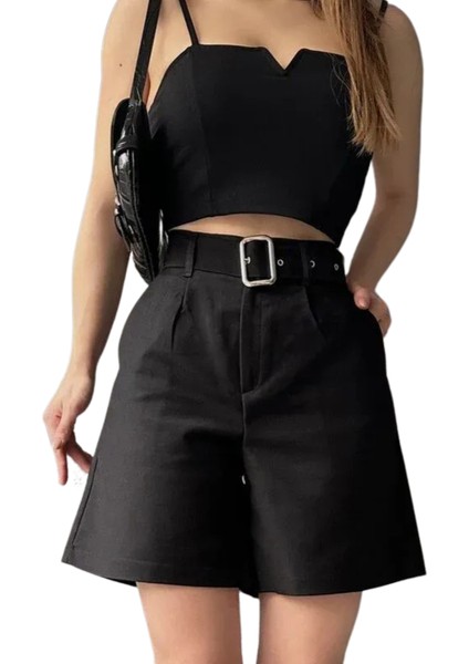 Rahat Kesim Kemerli Şort -Si̇yah