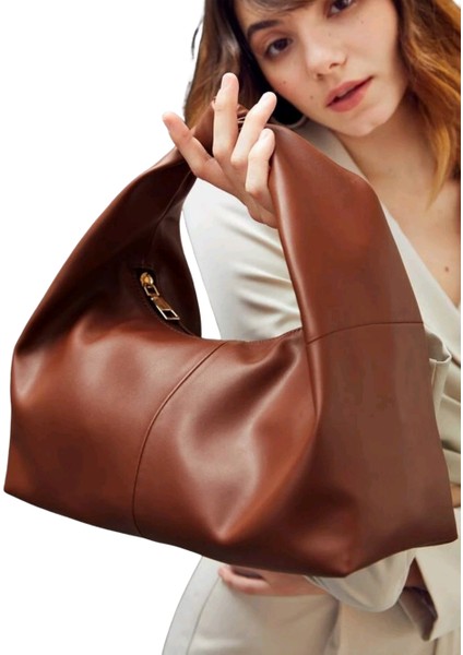 Şık Tasarım Deri Kadın Kol Çantası-Kahverengi