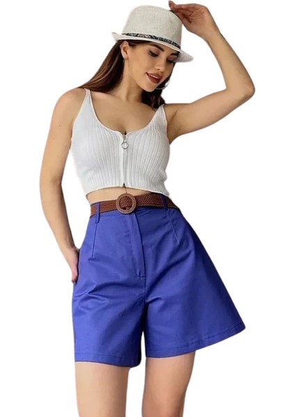 Rahat Kalıp Kemerli Mom Şort - Mavi̇