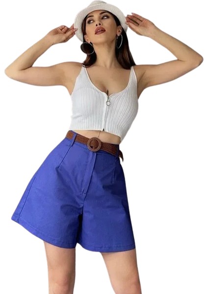 Rahat Kalıp Kemerli Mom Şort - Mavi̇ fiyatları