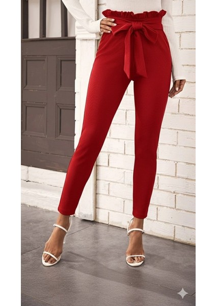 Kadın Yüksek Bel Beli Fırfırlı Önden Bağlamalı Ithal Krep Pantolon