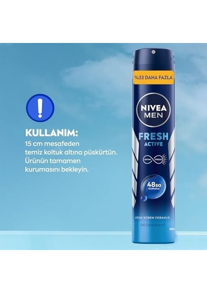 Nıvea Men Erkek Sprey Deodorant Fresh Active 200ML, Ter Kokusuna Karşı 48SAAT Koruma, X3 Adet, Avantajlı Boy