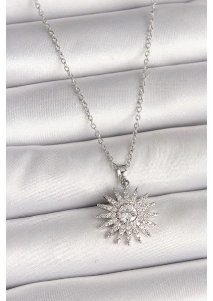 316L Çelik Gümüş Renk Zincir Zirkon Taşlı Güneş Model Kadın Kolye