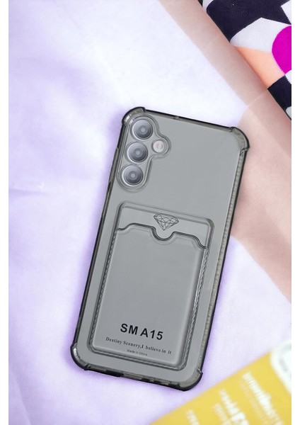 Galaxy A15 Kılıf Kartlıklı Köşe Koruma Tasarımlı Renkli Şeffaf K-Kart Kılıf (Siyah)