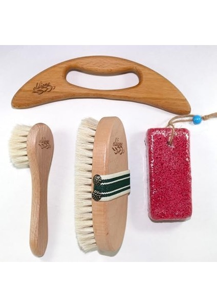 Eldione 4'lü Bakım Seti Selülit Giderici Masaj Aleti Lenf Drenaj Masajı Akapunktur Doğal At Kılı Sıkılaştırıcı Vucüt Fırçası Gençleştirici Yüz Bakım Fırçası Ponza Topuk Taşı Kişisel Bakım Peeling modelleri