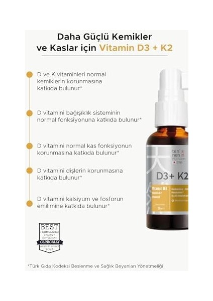Vitamin D3 K2 1000 Iu, Vitamin E, Zeytinyağı Sayesinde Yüksek Emilim, 20 ml