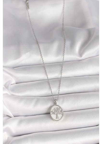 316L Çelik Gümüş Renk Zincir Zirkon Taş Işlemeli Beyaz Mineli Ağaç Işlemeli Portre Model Kadın Kolye fiyatları