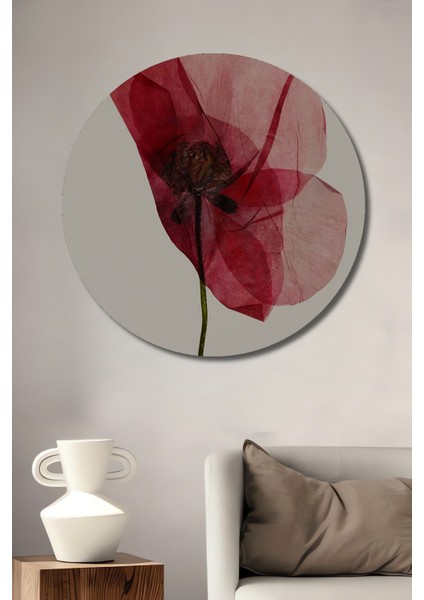 Dekoratif Ahşap Yuvarlak Tablo Kırmızı Gelincik