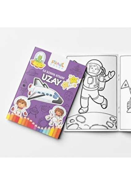 Uzay Temalı İlk Boyama Kitabı 3-5 Yaş İçin 12 Sayfa Eğlenceli Tasarımlar