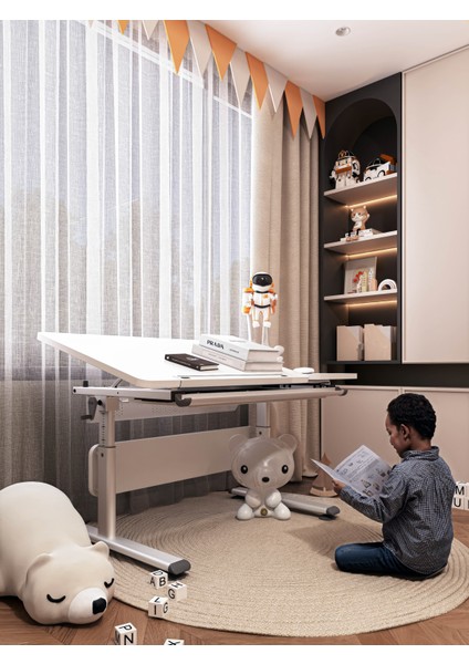 Vega Simple Kompakt Çalışma Masası, Yükseklik Ayarlı ve Montessori Uyumlu - 130x70 Cm, Beyaz/Gri