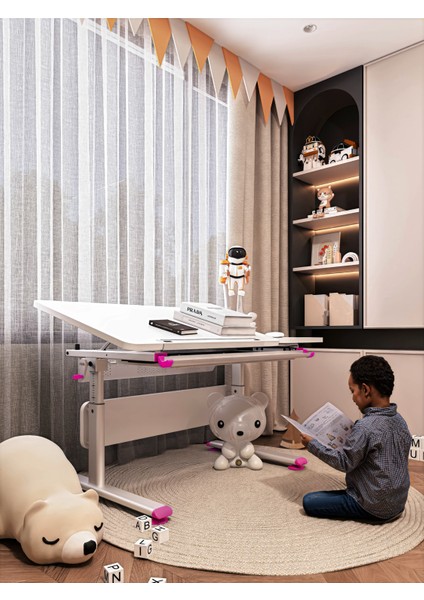 Vega Simple Kız Çocuk Odası Çalışma Masası, Ergonomik Ayarlanabilir Çalışma Masası - 130x70 Cm, Beyaz/Fuşya
