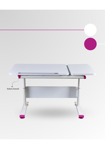 Vega Simple Kız Çocuk Odası Çalışma Masası, Ergonomik Ayarlanabilir Çalışma Masası - 130x70 Cm, Beyaz/Fuşya indirimleri