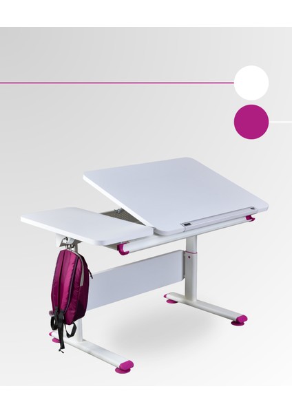 Vega Simple Kız Çocuk Odası Çalışma Masası, Ergonomik Ayarlanabilir Çalışma Masası - 130x70 Cm, Beyaz/Fuşya