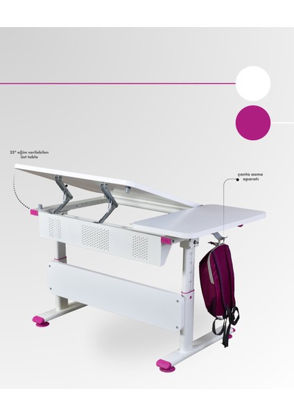 Vega Simple Kız Çocuk Odası Çalışma Masası, Ergonomik Ayarlanabilir Çalışma Masası - 130x70 Cm, Beyaz/Fuşya