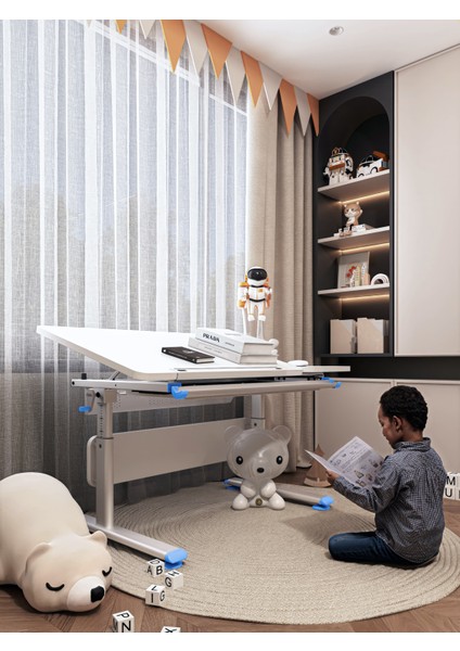 Vega Simple Erkek Çocuk Çalışma Masası Yükseklik Ayarlı Eğimli Çocuk Masası - 130x70 Cm, Beyaz/Mavi