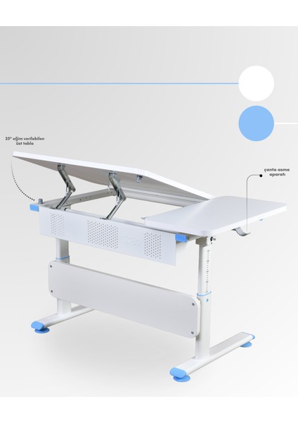 Vega Simple Erkek Çocuk Çalışma Masası Yükseklik Ayarlı Eğimli Çocuk Masası - 130x70 Cm, Beyaz/Mavi