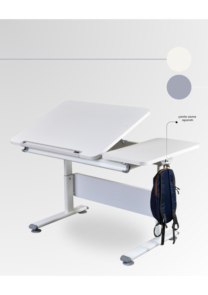 Vega Simple Ergonomik Çocuk Çalışma Masası Yükseklik ve Eğim Ayarlı Ofis Masası - 130x70 Cm, Ekru/Gri