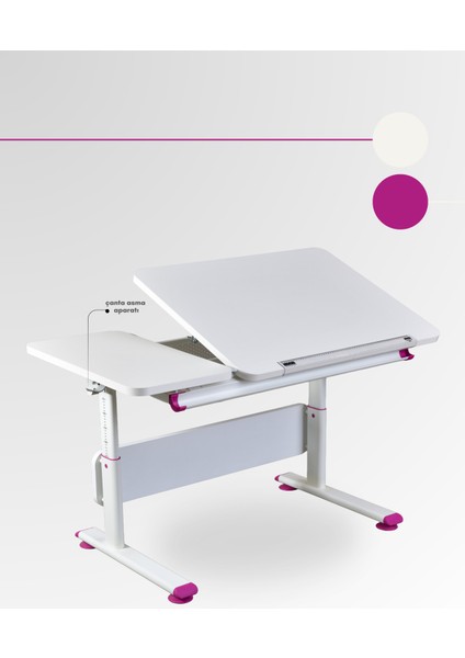 Vega Simple Kız Çocuk Odası Çalışma Masası Yükseklik ve Eğim Ayarlı Masa - 130x70 Cm, Ekru/Fuşya