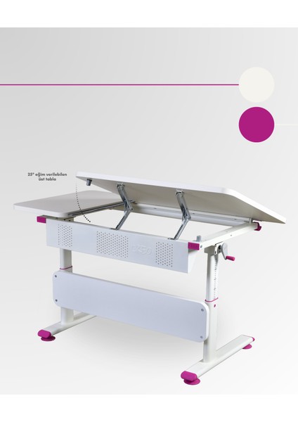 Vega Simple Kız Çocuk Odası Çalışma Masası Yükseklik ve Eğim Ayarlı Masa - 130x70 Cm, Ekru/Fuşya