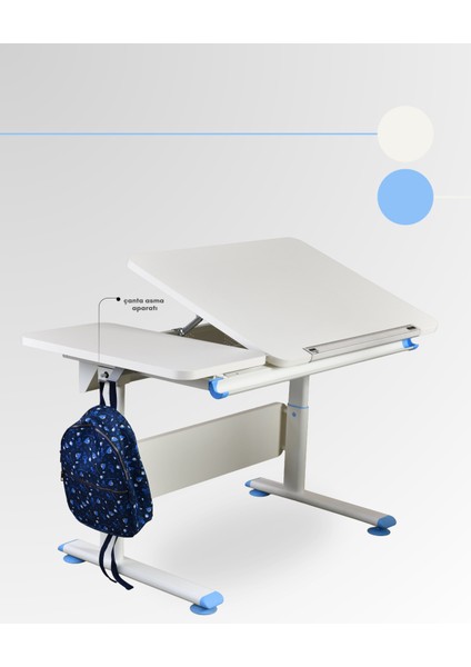 Vega Simple Okul Ders Çalışma Masası Yükseklik Ayarlı ve Eğim Verilebilir Masa - 130x70 Cm, Ekru/Mavi