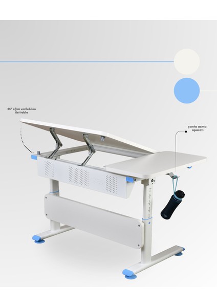 Vega Simple Okul Ders Çalışma Masası Yükseklik Ayarlı ve Eğim Verilebilir Masa - 130x70 Cm, Ekru/Mavi