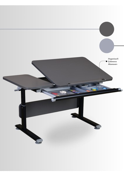 Vega Basic Ev Ofis Kullanımı İçin Çekmeceli Çalışma Masası, Yükseklik Ayarlı Ders Çalışma Masası, Antrasit/Gri - 130x70 Cm