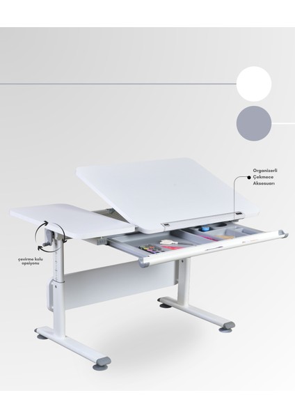 Vega Basic Ayarlanabilir Çalışma Masası, Eğimli ve Montessori Uyumlu Ayarlanabilir Masa - 130x70 Cm, Beyaz/Gri