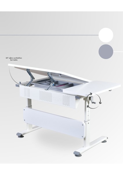 Vega Basic Ayarlanabilir Çalışma Masası, Eğimli ve Montessori Uyumlu Ayarlanabilir Masa - 130x70 Cm, Beyaz/Gri