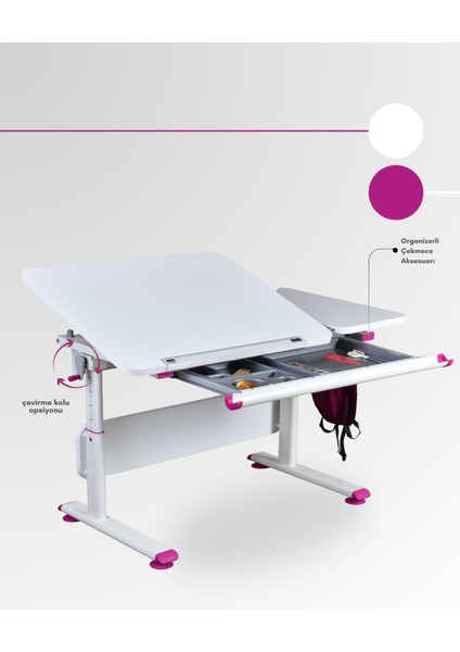 Vega Basic Çekmeceli Çocuk Masası, Yükselebilir Eğim Verilebilir Çalışma Masası - 130x70 Cm, Beyaz/Fuşya fırsatları