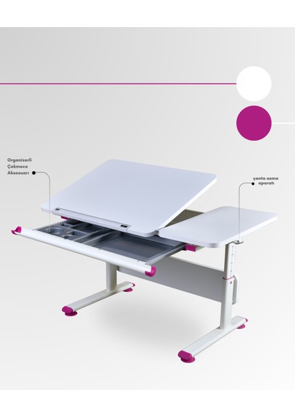 Vega Basic Çekmeceli Çocuk Masası, Yükselebilir Eğim Verilebilir Çalışma Masası - 130x70 Cm, Beyaz/Fuşya