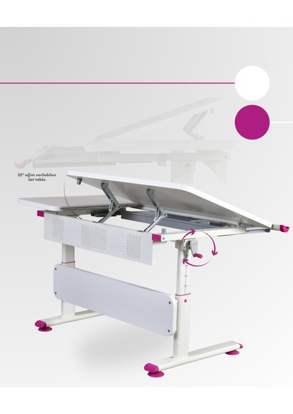 Vega Basic Çekmeceli Çocuk Masası, Yükselebilir Eğim Verilebilir Çalışma Masası - 130x70 Cm, Beyaz/Fuşya