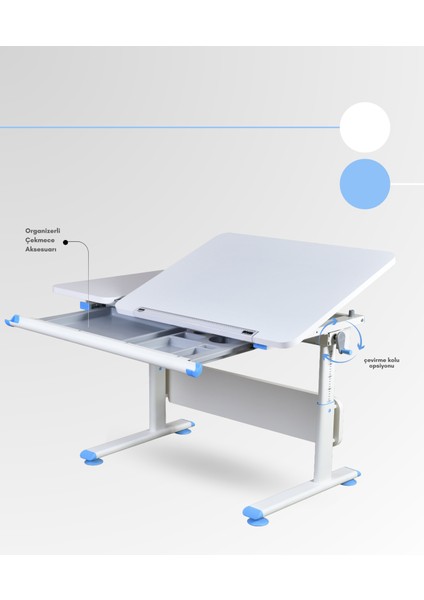 Vega Basic Ergonomik Öğrenci Çalışma Masası Çekmeceli ve Yükseklik Ayarlı Erkek Çocuk Masası - 130x70 Cm, Beyaz/Mavi fırsatları