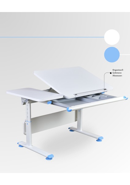 Vega Basic Ergonomik Öğrenci Çalışma Masası Çekmeceli ve Yükseklik Ayarlı Erkek Çocuk Masası - 130x70 Cm, Beyaz/Mavi