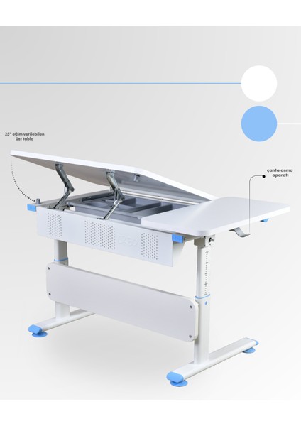 Vega Basic Ergonomik Öğrenci Çalışma Masası Çekmeceli ve Yükseklik Ayarlı Erkek Çocuk Masası - 130x70 Cm, Beyaz/Mavi