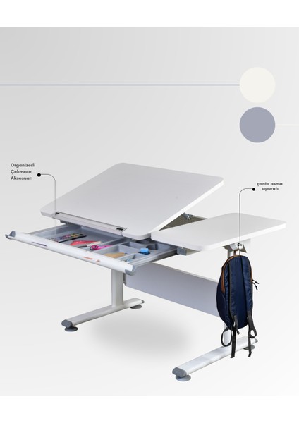 Vega Basic Düz Tasarımlı Ergonomik Ofis Masası, Ayarlanabilir Unisex Çekmeceli Çalışma Masası - 130x70 Cm, Ekru/Gri