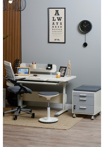 Vega Basic Düz Tasarımlı Ergonomik Ofis Masası, Ayarlanabilir Unisex Çekmeceli Çalışma Masası - 130x70 Cm, Ekru/Gri