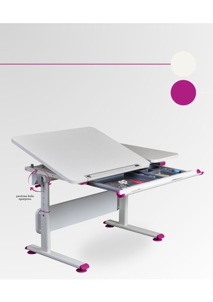 Vega Basic Çekmeceli Çalışma Masası, Kız Çocuk İçin Eğim ve Yükseklik Ayarlı Masa - 130x70 Cm, Ekru/Fuşya fırsatları
