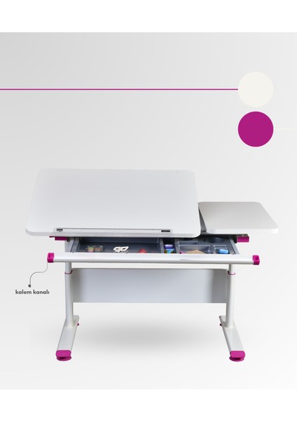 Vega Basic Çekmeceli Çalışma Masası, Kız Çocuk İçin Eğim ve Yükseklik Ayarlı Masa - 130x70 Cm, Ekru/Fuşya indirimleri