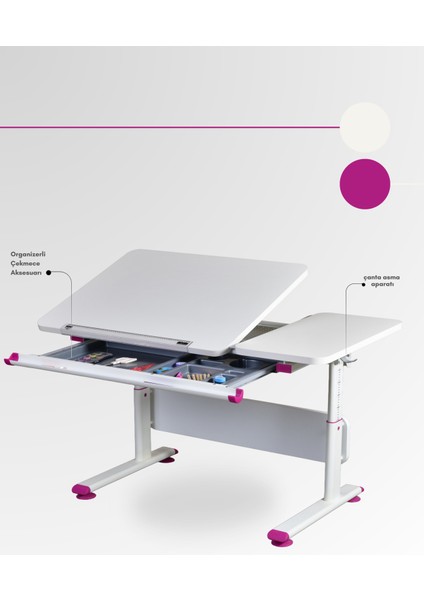 Vega Basic Çekmeceli Çalışma Masası, Kız Çocuk İçin Eğim ve Yükseklik Ayarlı Masa - 130x70 Cm, Ekru/Fuşya