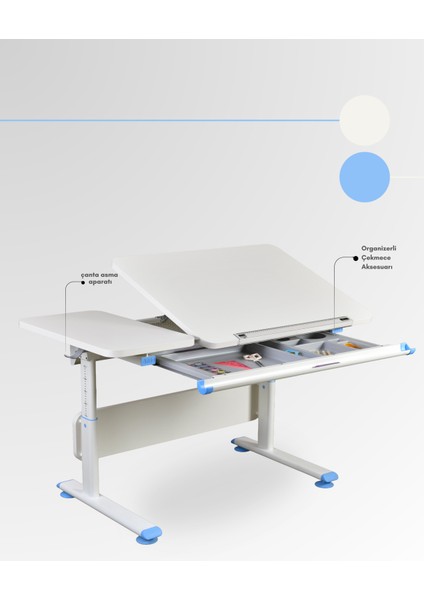 Vega Basic Ekonomik Çocuk Masası Erkek Çocuk İçin Çekmeceli Çalışma Masası - 130x70 Cm, Ekru/Mavi