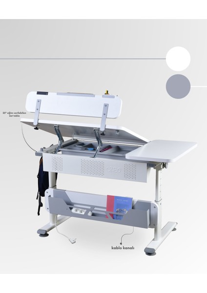 Vega Standart Fonksiyonel Genç Odası Masası Yükseklik Ayarlı ve Çekmeceli - 130x70 Cm, Beyaz/Gri