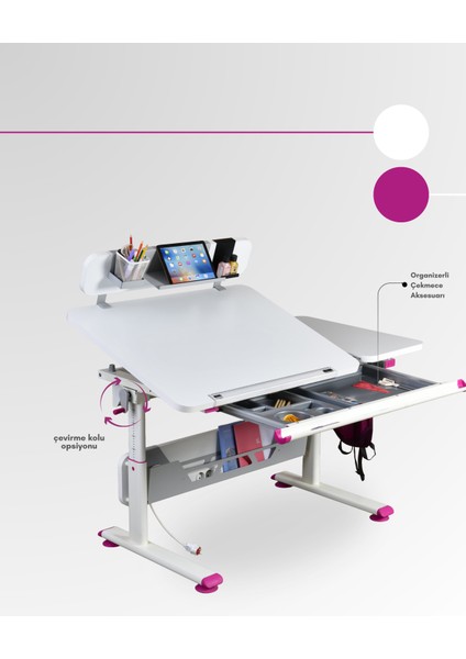 Vega Standart Ergonomik Öğrenci Masası Çok Fonksiyonlu Çalışma Masası - 130x70 Cm, Beyaz/Fuşya