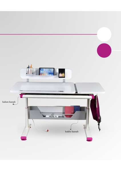 Vega Standart Ergonomik Öğrenci Masası Çok Fonksiyonlu Çalışma Masası - 130x70 Cm, Beyaz/Fuşya indirimleri