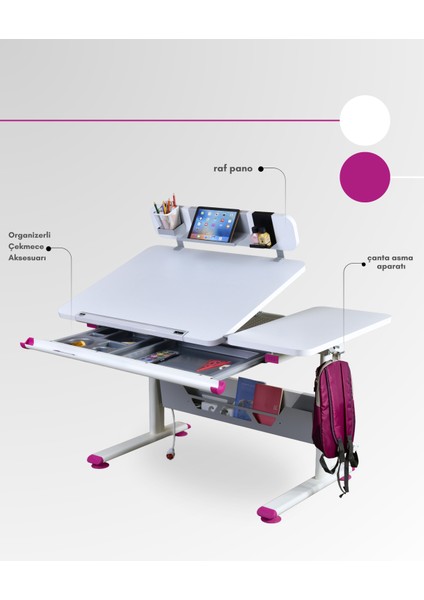 Vega Standart Ergonomik Öğrenci Masası Çok Fonksiyonlu Çalışma Masası - 130x70 Cm, Beyaz/Fuşya fırsatları