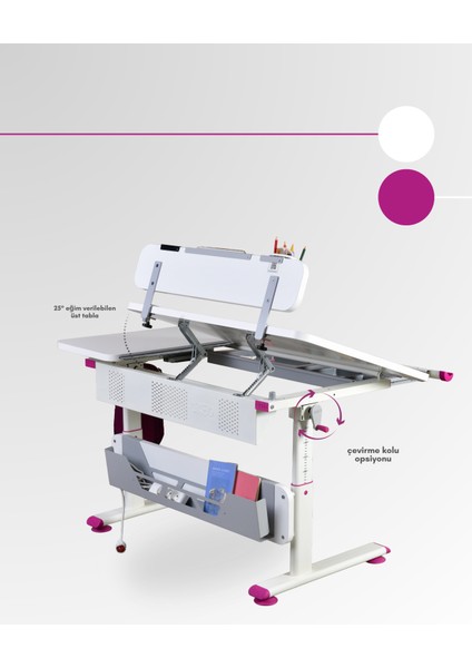 Vega Standart Ergonomik Öğrenci Masası Çok Fonksiyonlu Çalışma Masası - 130x70 Cm, Beyaz/Fuşya
